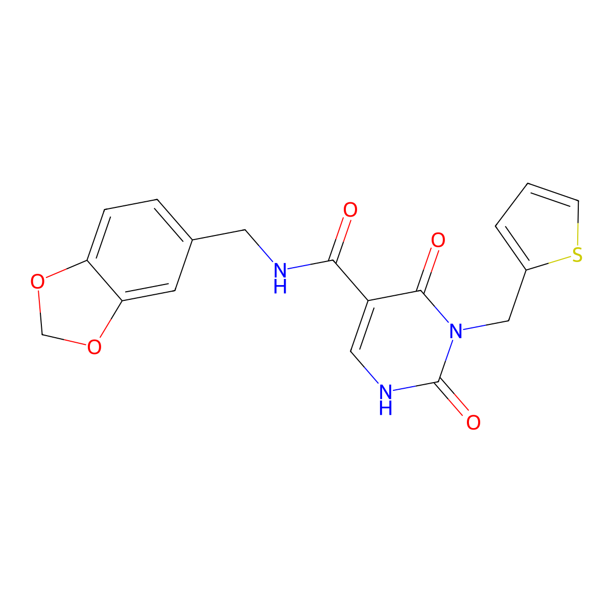 N-(benzo[d][1,3]dioxol-5-ylmethyl)-2,4-dioxo-3-(thiophen-2-ylmethyl)-1,2,3,4-tetrahydropyrimidine-5-carboxamide molecular structure, CAS 1396881-02-9