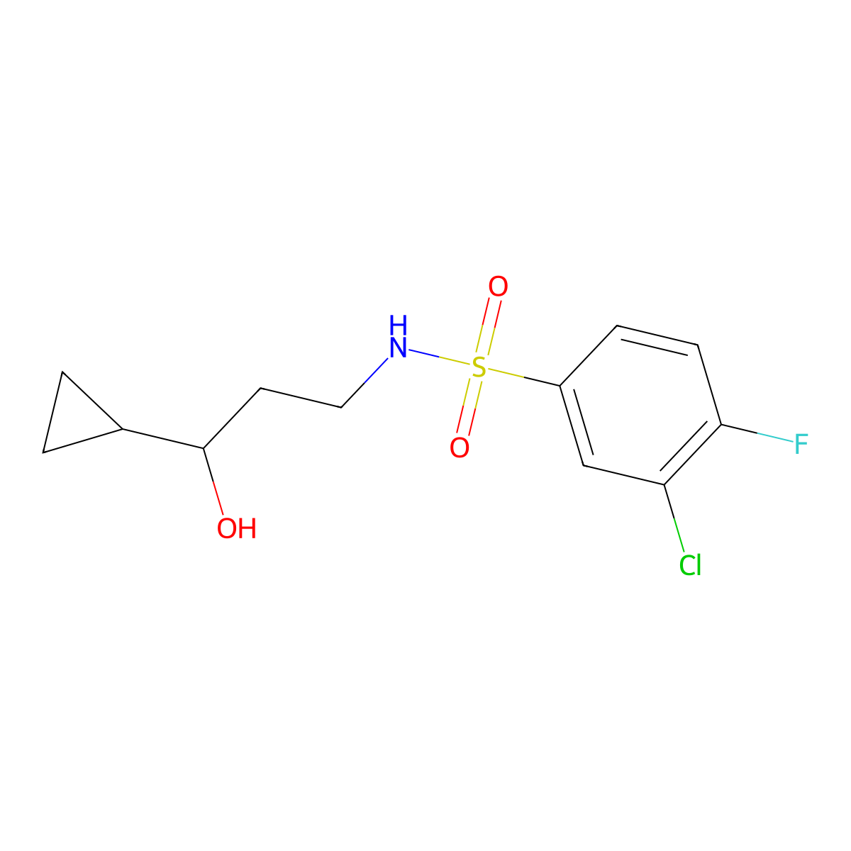 3-chloro-N-(3-cyclopropyl-3-hydroxypropyl)-4-fluorobenzenesulfonamide molecular structure, CAS 1396881-03-0