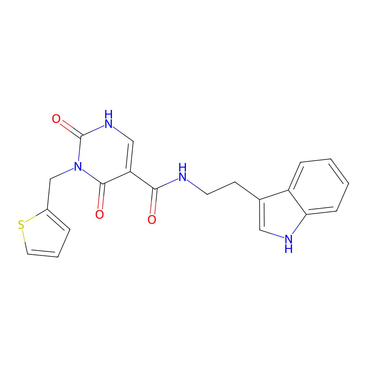 N-(2-(1H-indol-3-yl)ethyl)-2,4-dioxo-3-(thiophen-2-ylmethyl)-1,2,3,4-tetrahydropyrimidine-5-carboxamide molecular structure, CAS 1396881-09-6