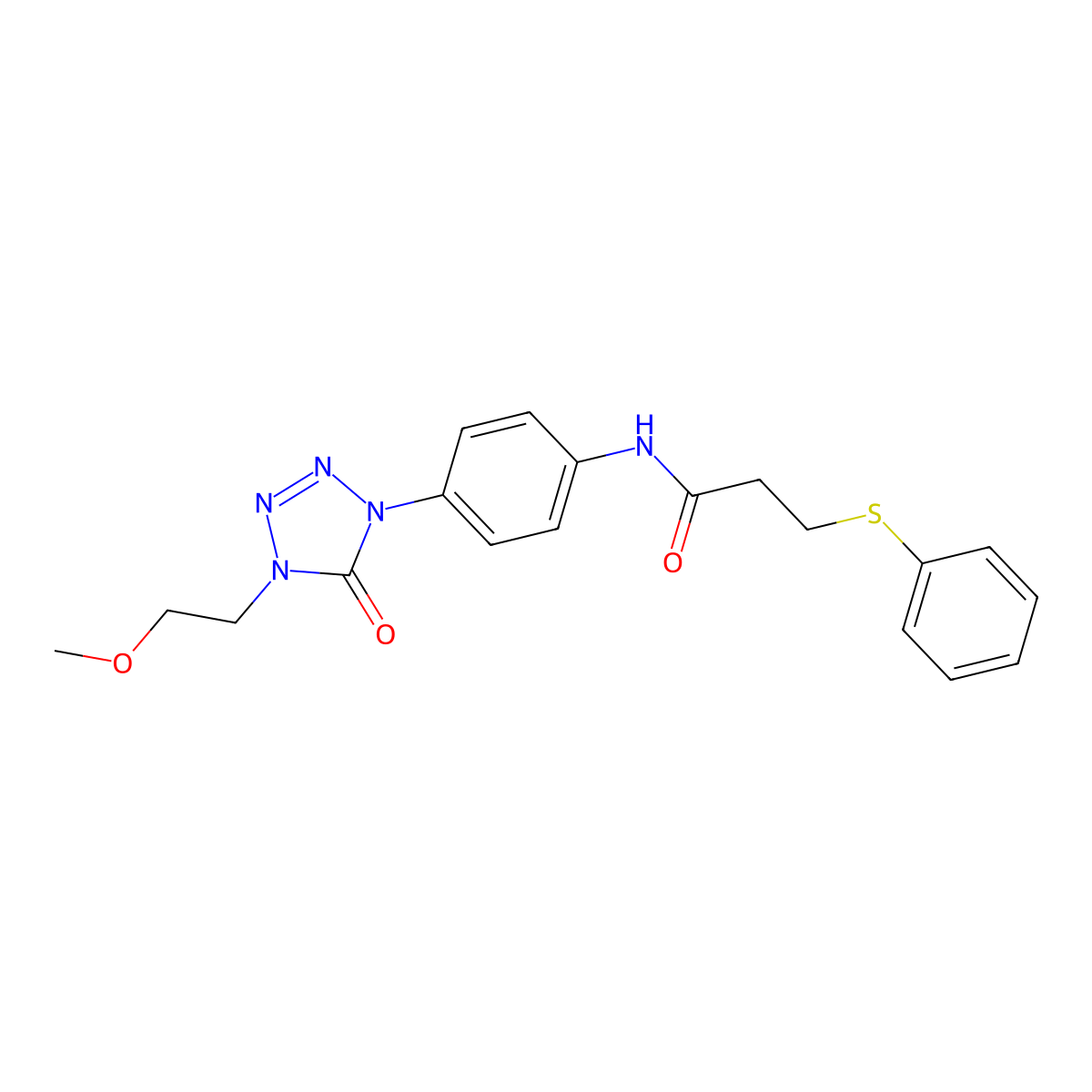 N-(4-(4-(2-methoxyethyl)-5-oxo-4,5-dihydro-1H-tetrazol-1-yl)phenyl)-3-(phenylthio)propanamide molecular structure, CAS 1396881-16-5