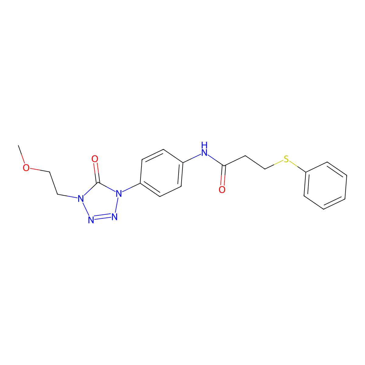 N-(4-(4-(2-methoxyethyl)-5-oxo-4,5-dihydro-1H-tetrazol-1-yl)phenyl)-3-(phenylthio)propanamide molecular structure, CAS 1396881-16-5