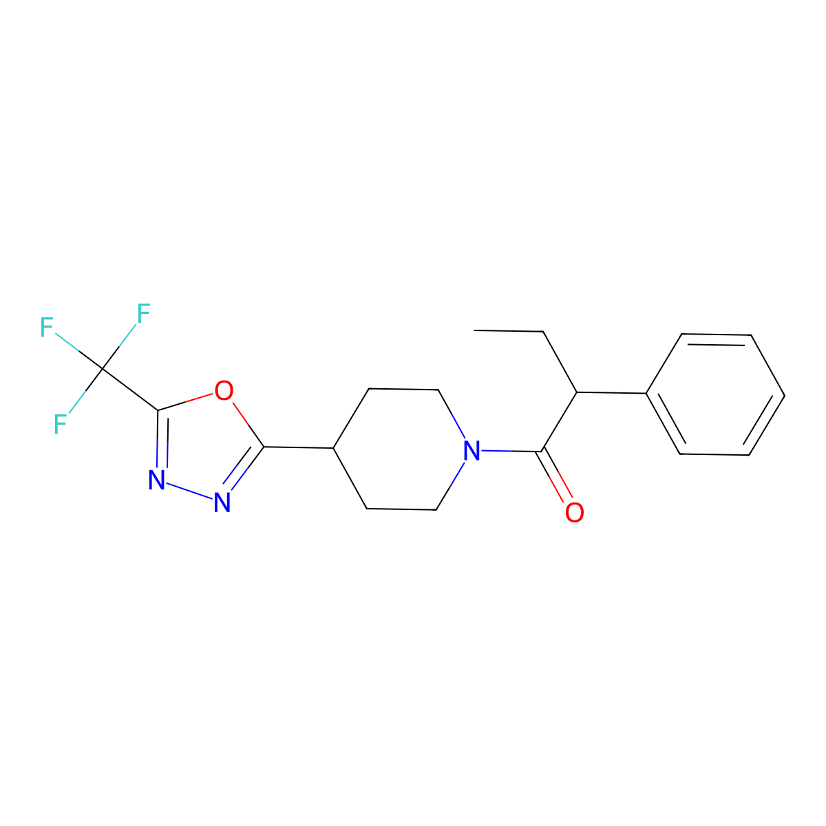 2-Phenyl-1-{4-[5-(trifluoromethyl)-1,3,4-oxadiazol-2-yl]piperidin-1-yl}butan-1-one molecular structure, CAS 1396881-24-5