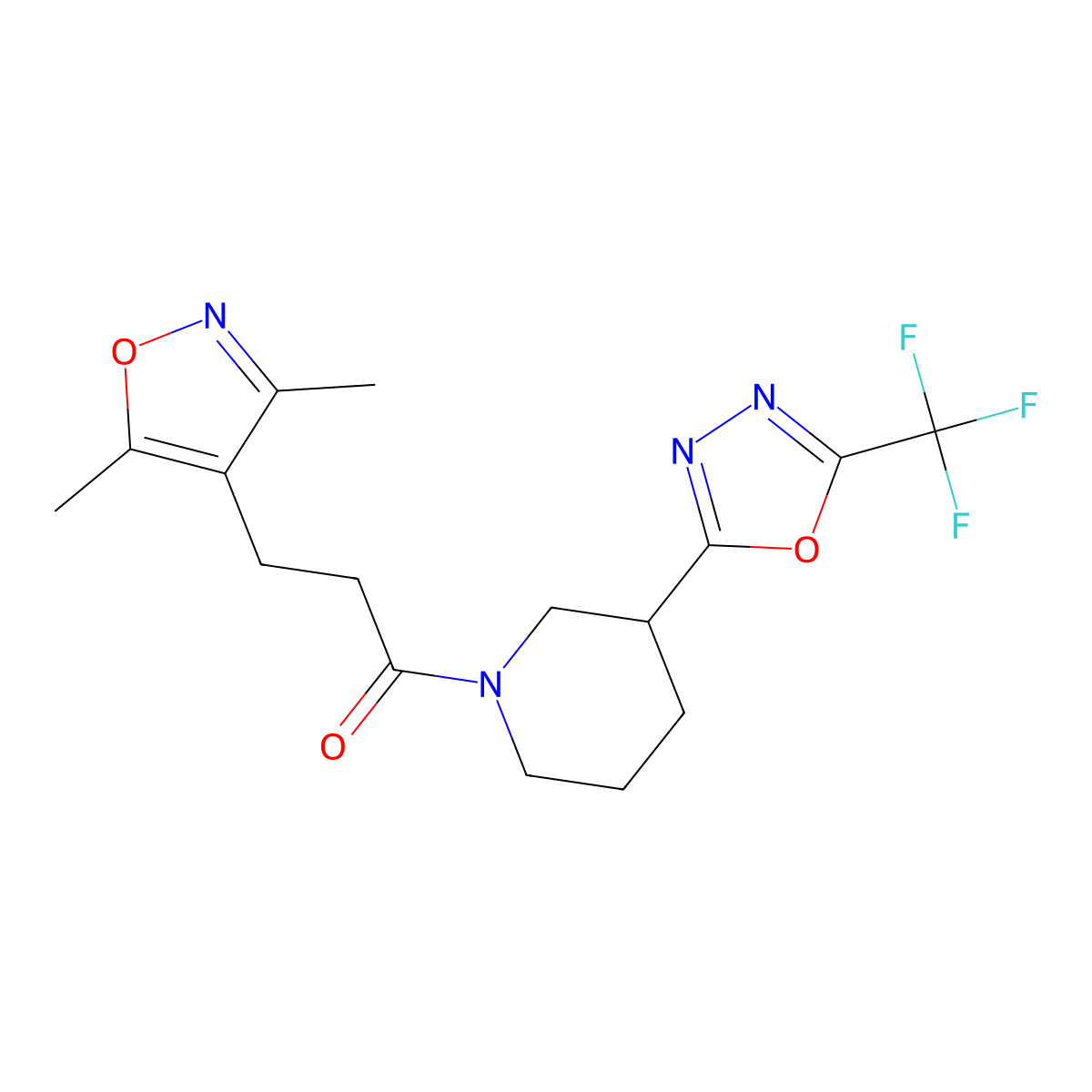 3-(3,5-Dimethylisoxazol-4-yl)-1-(3-(5-(trifluoromethyl)-1,3,4-oxadiazol-2-yl)piperidin-1-yl)propan-1-one molecular structure, CAS 1396881-34-7