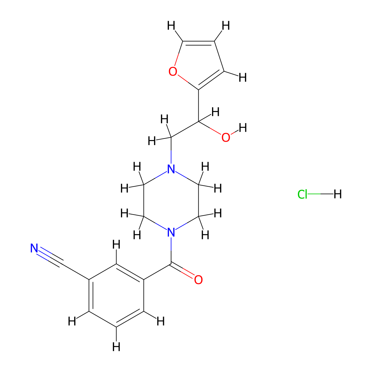 3-{4-[2-(Furan-2-YL)-2-hydroxyethyl]piperazine-1-carbonyl}benzonitrile hydrochloride molecular structure, CAS 1396881-36-9