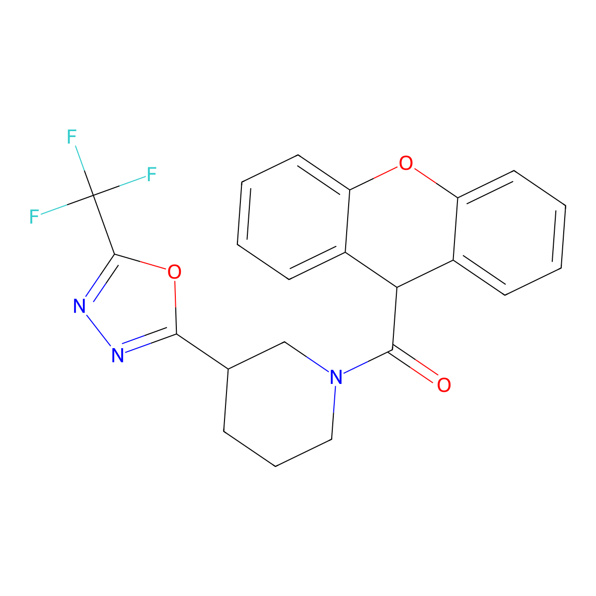 (3-(5-(trifluoromethyl)-1,3,4-oxadiazol-2-yl)piperidin-1-yl)(9H-xanthen-9-yl)methanone molecular structure, CAS 1396881-41-6