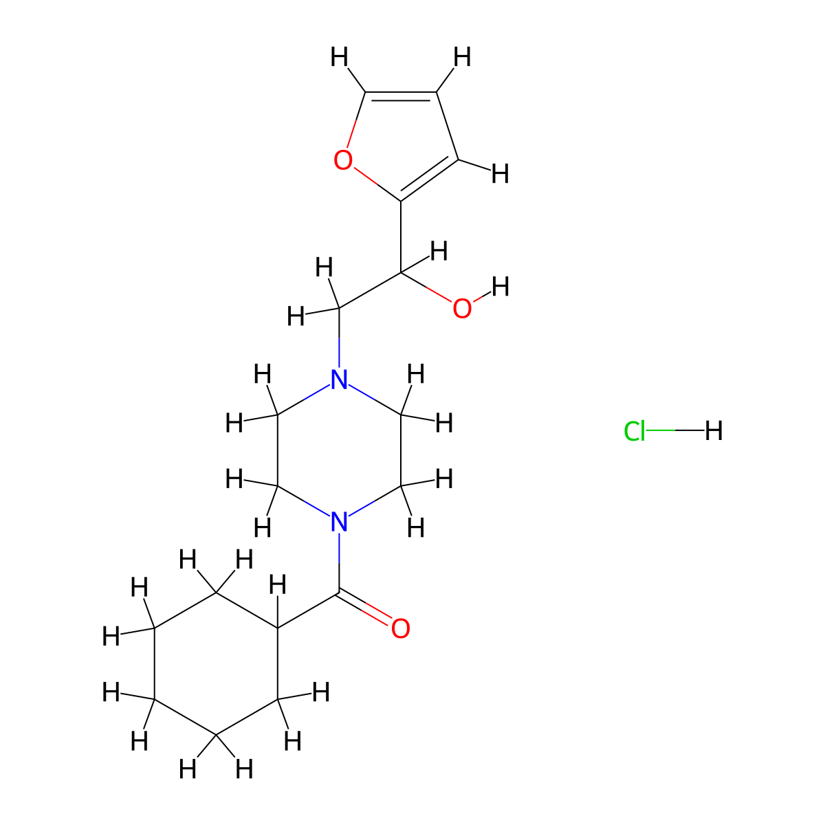 Cyclohexyl(4-(2-(furan-2-yl)-2-hydroxyethyl)piperazin-1-yl)methanone hydrochloride molecular structure, CAS 1396881-42-7