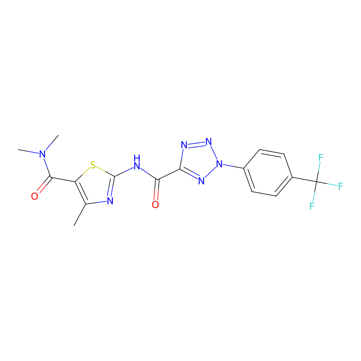 N,N,4-trimethyl-2-(2-(4-(trifluoromethyl)phenyl)-2H-tetrazole-5-carboxamido)thiazole-5-carboxamide molecular structure, CAS 1396881-43-8