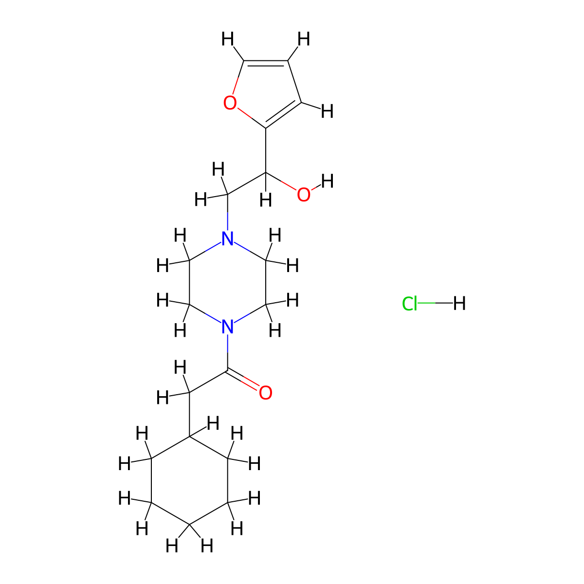 2-Cyclohexyl-1-(4-(2-(furan-2-yl)-2-hydroxyethyl)piperazin-1-yl)ethanone hydrochloride molecular structure, CAS 1396881-48-3