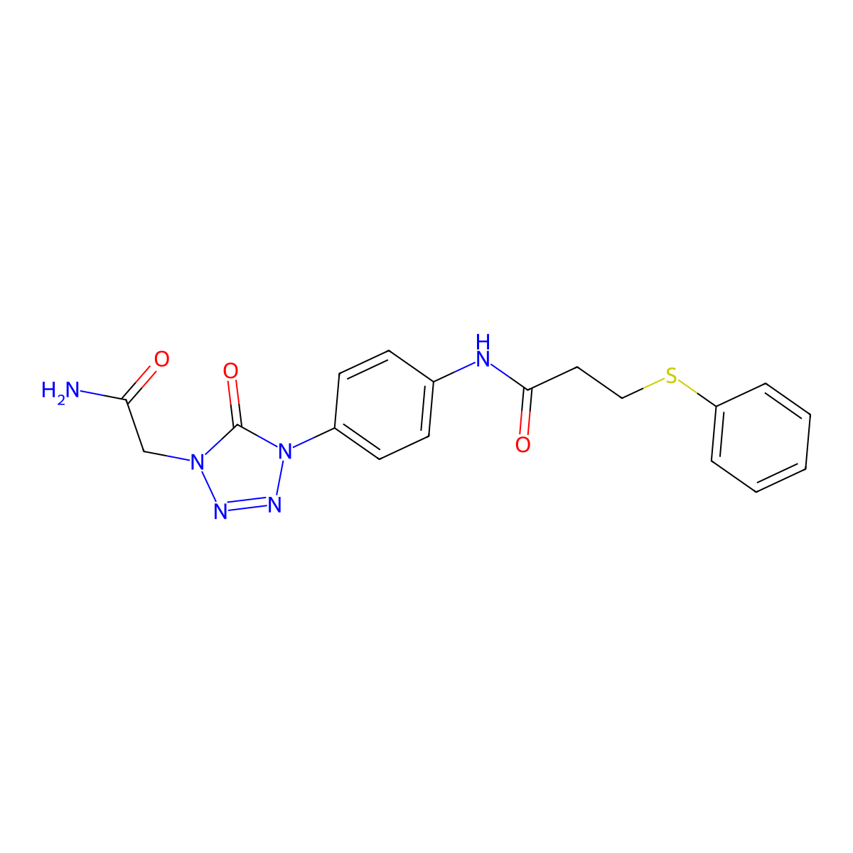 N-(4-(4-(2-amino-2-oxoethyl)-5-oxo-4,5-dihydro-1H-tetrazol-1-yl)phenyl)-3-(phenylthio)propanamide molecular structure, CAS 1396881-52-9