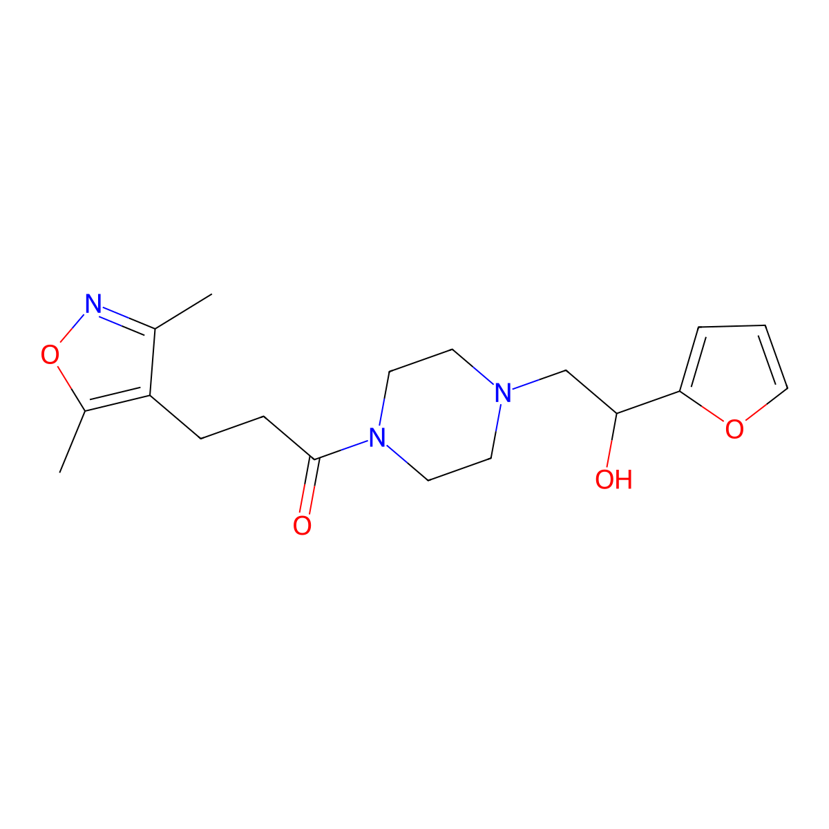 3-(3,5-Dimethyl-1,2-oxazol-4-yl)-1-{4-[2-(furan-2-yl)-2-hydroxyethyl]piperazin-1-yl}propan-1-one molecular structure, CAS 1396881-58-5