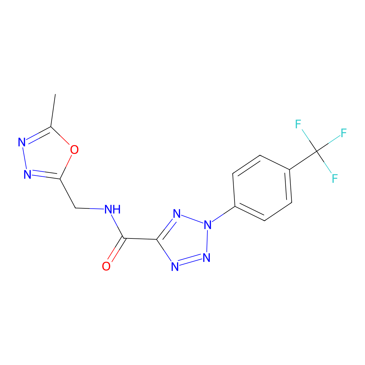 N-((5-methyl-1,3,4-oxadiazol-2-yl)methyl)-2-(4-(trifluoromethyl)phenyl)-2H-tetrazole-5-carboxamide molecular structure, CAS 1396881-63-2