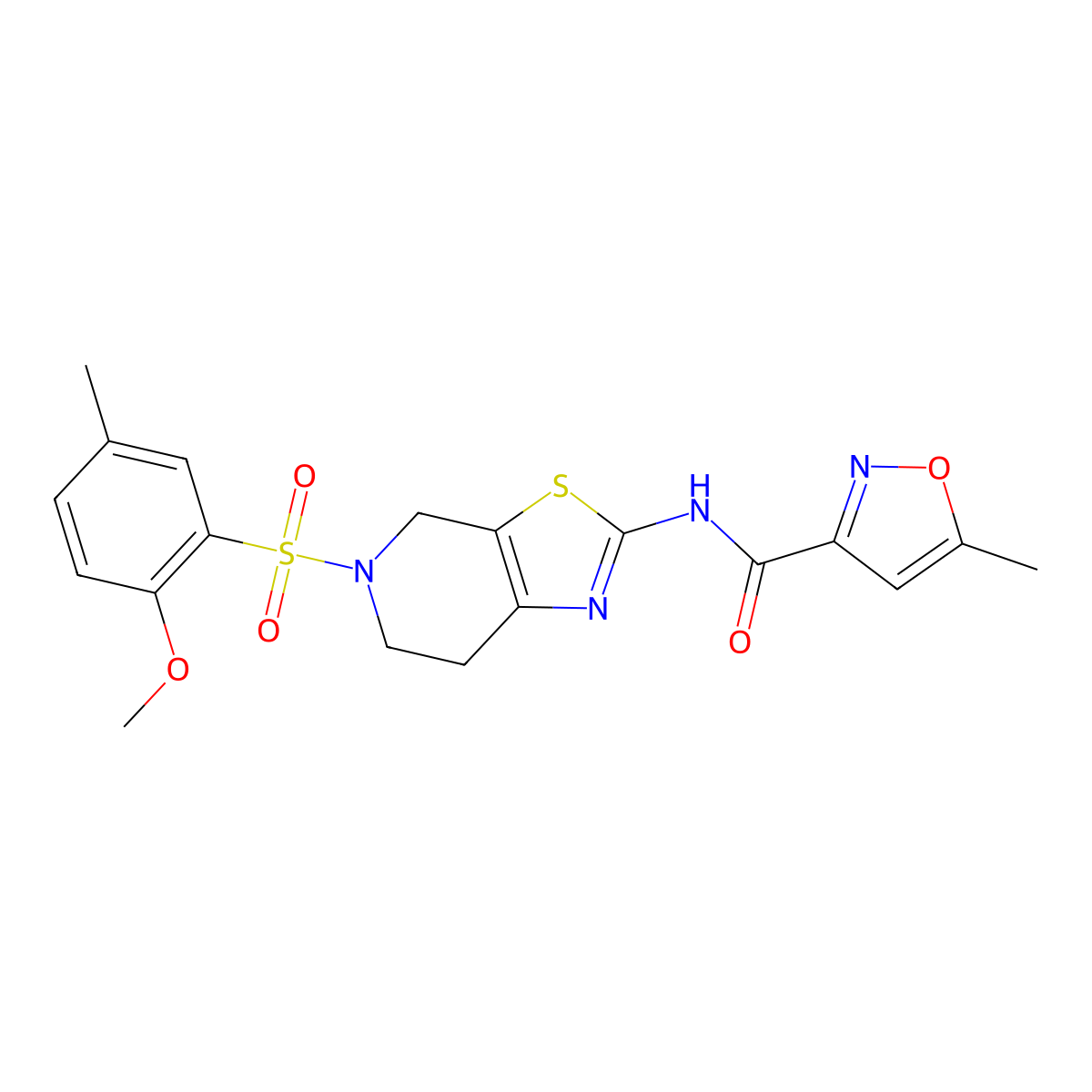 N-(5-((2-methoxy-5-methylphenyl)sulfonyl)-4,5,6,7-tetrahydrothiazolo[5,4-c]pyridin-2-yl)-5-methylisoxazole-3-carboxamide molecular structure, CAS 1396881-69-8