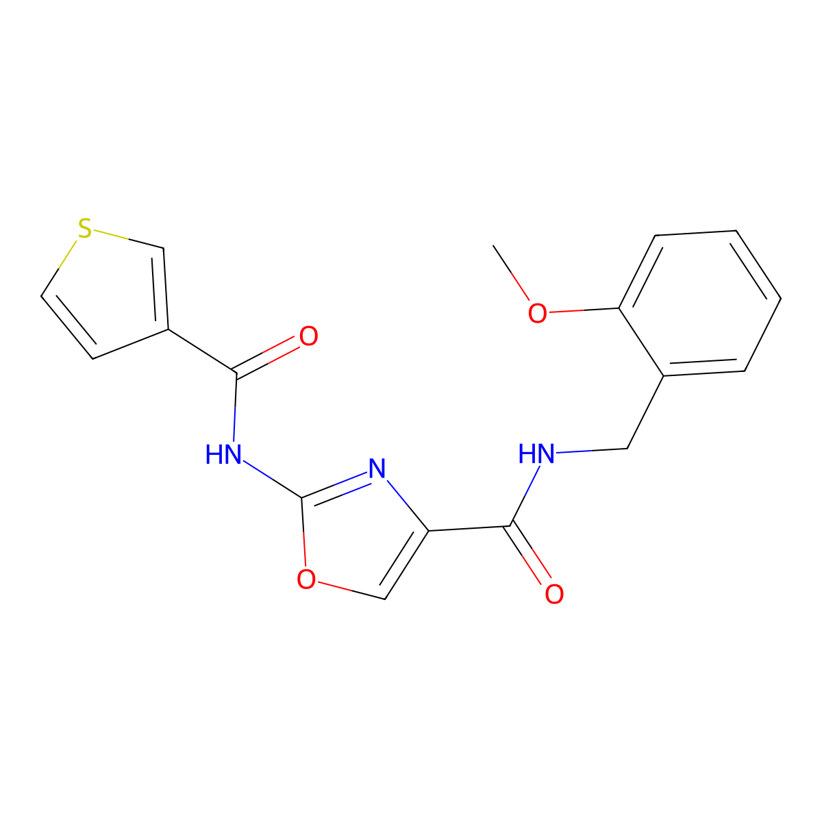N-(2-methoxybenzyl)-2-(thiophene-3-carboxamido)oxazole-4-carboxamide molecular structure, CAS 1396881-76-7