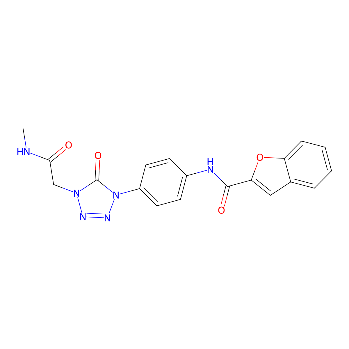 N-(4-(4-(2-(methylamino)-2-oxoethyl)-5-oxo-4,5-dihydro-1H-tetrazol-1-yl)phenyl)benzofuran-2-carboxamide molecular structure, CAS 1396881-77-8