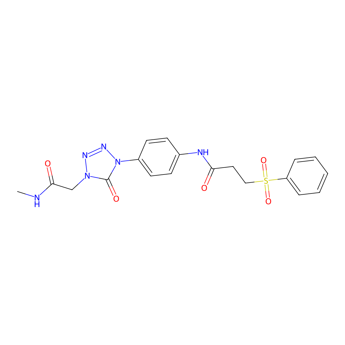 N-(4-(4-(2-(methylamino)-2-oxoethyl)-5-oxo-4,5-dihydro-1H-tetrazol-1-yl)phenyl)-3-(phenylsulfonyl)propanamide molecular structure, CAS 1396881-88-1