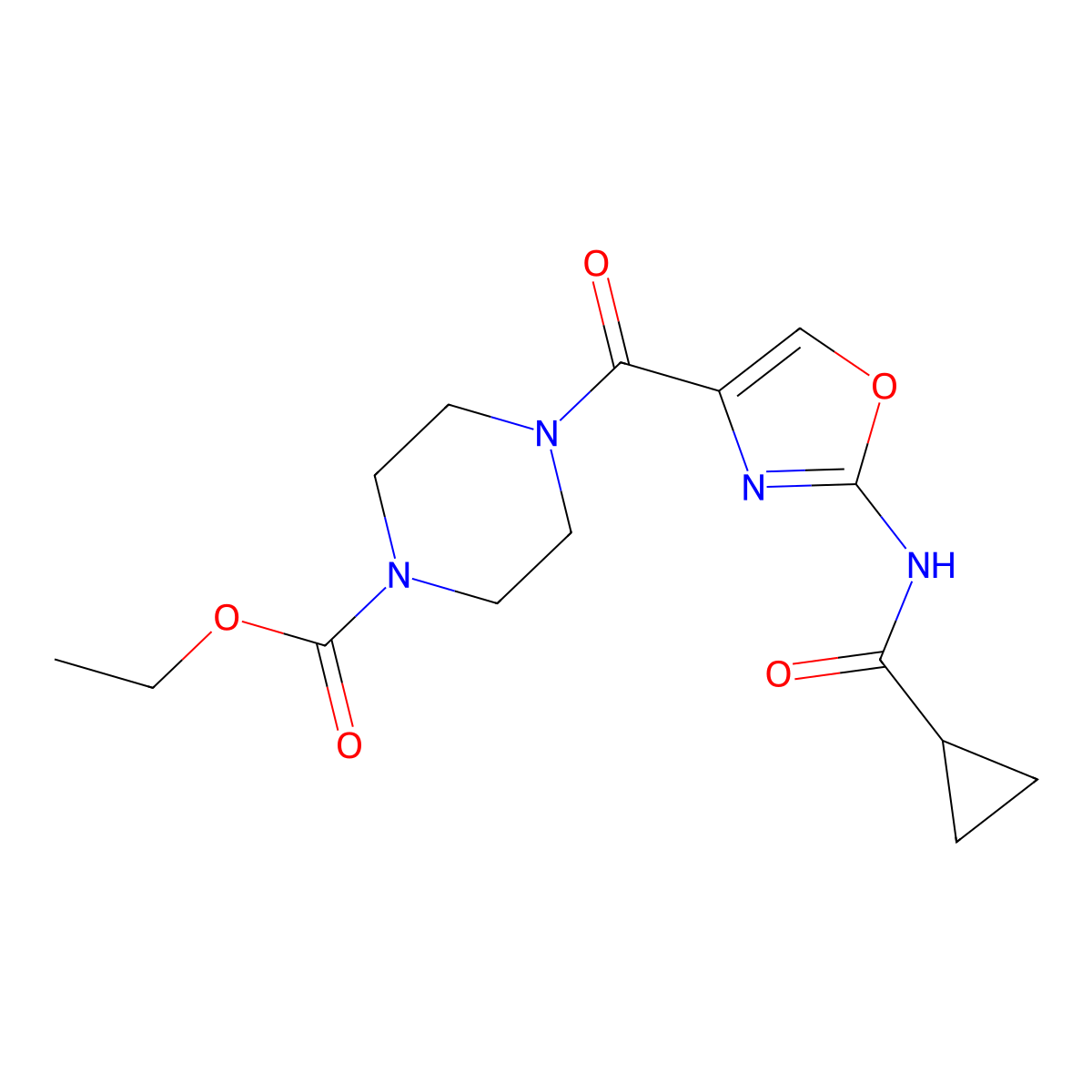 Ethyl 4-(2-cyclopropaneamido-1,3-oxazole-4-carbonyl)piperazine-1-carboxylate molecular structure, CAS 1396881-91-6