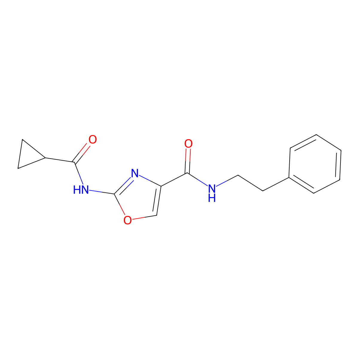 2-(cyclopropanecarboxamido)-N-phenethyloxazole-4-carboxamide molecular structure, CAS 1396881-99-4