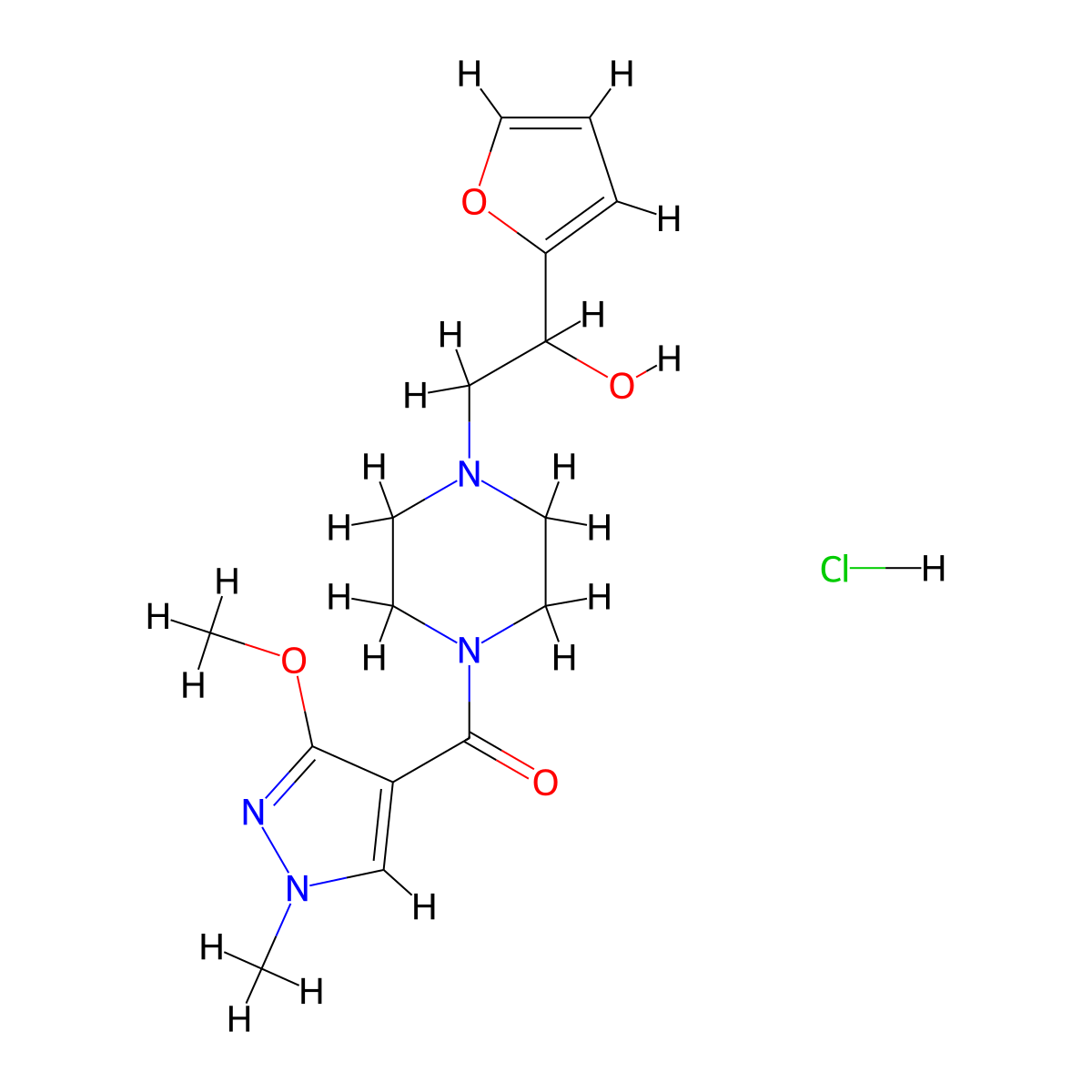 (4-(2-(furan-2-yl)-2-hydroxyethyl)piperazin-1-yl)(3-methoxy-1-methyl-1H-pyrazol-4-yl)methanone hydrochloride molecular structure, CAS 1396882-00-0