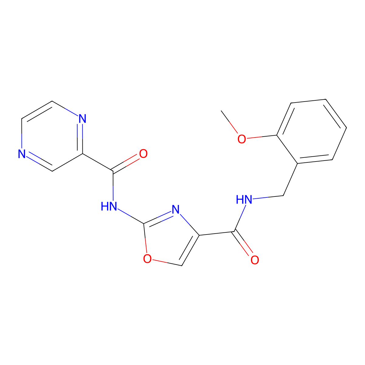 N-(2-methoxybenzyl)-2-(pyrazine-2-carboxamido)oxazole-4-carboxamide molecular structure, CAS 1396882-07-7