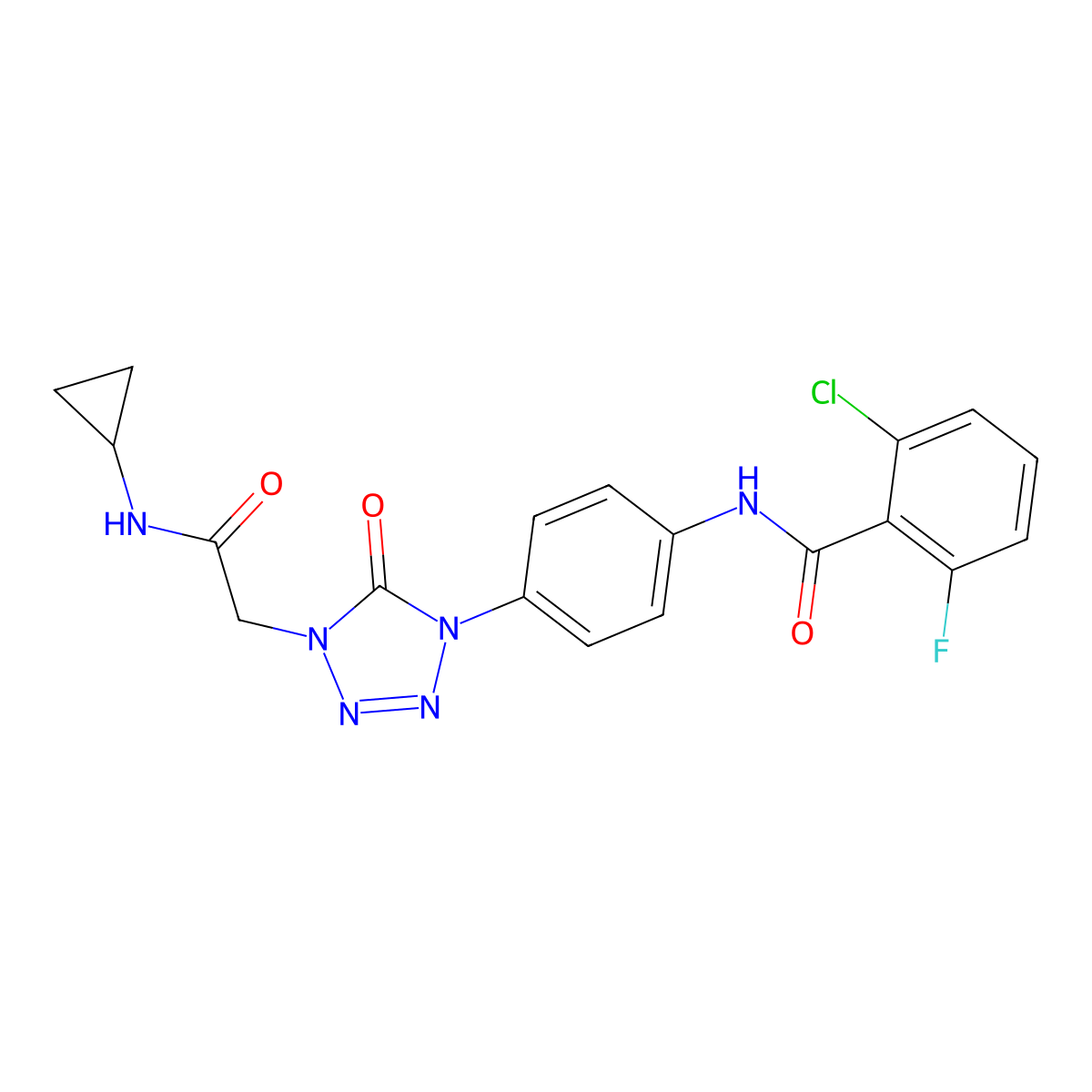 2-chloro-N-(4-(4-(2-(cyclopropylamino)-2-oxoethyl)-5-oxo-4,5-dihydro-1H-tetrazol-1-yl)phenyl)-6-fluorobenzamide molecular structure, CAS 1396882-09-9