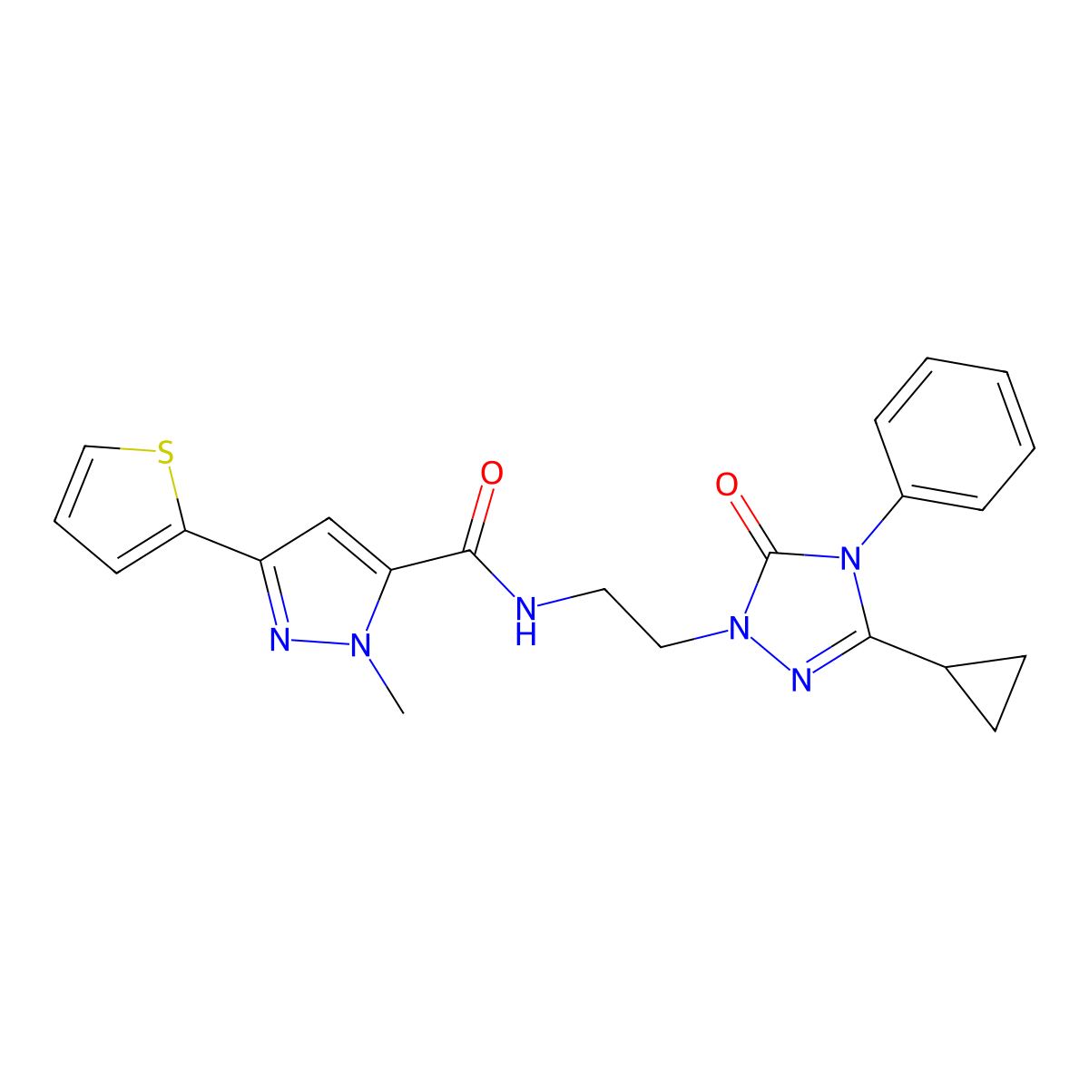 N-[2-(3-cyclopropyl-5-oxo-4-phenyl-4,5-dihydro-1H-1,2,4-triazol-1-yl)ethyl]-1-methyl-3-(thiophen-2-yl)-1H-pyrazole-5-carboxamide molecular structure, CAS 1396882-23-7