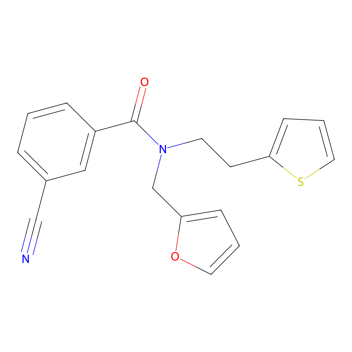 3-cyano-N-(furan-2-ylmethyl)-N-(2-(thiophen-2-yl)ethyl)benzamide molecular structure, CAS 1396882-24-8