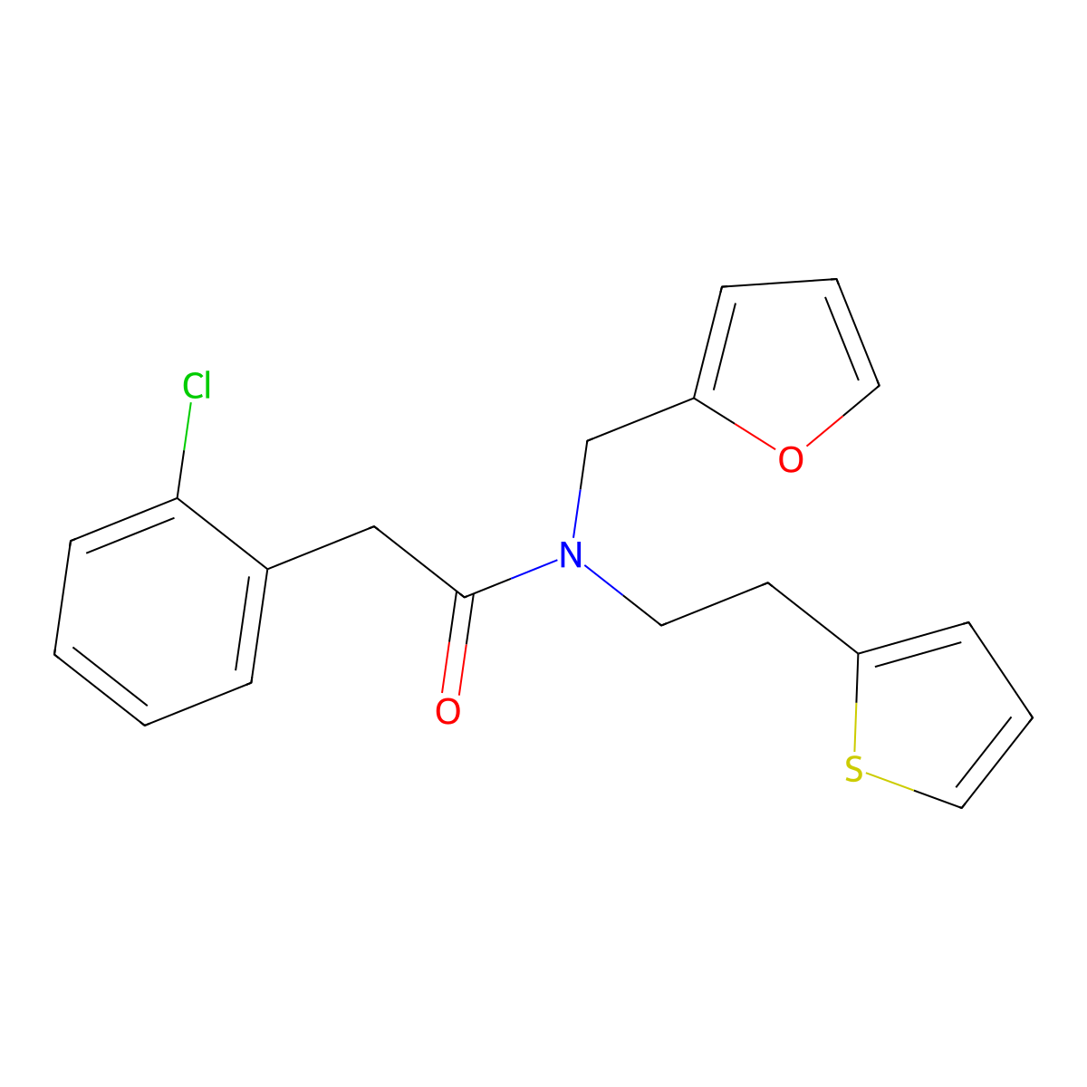 2-(2-chlorophenyl)-N-(furan-2-ylmethyl)-N-(2-(thiophen-2-yl)ethyl)acetamide molecular structure, CAS 1396882-32-8