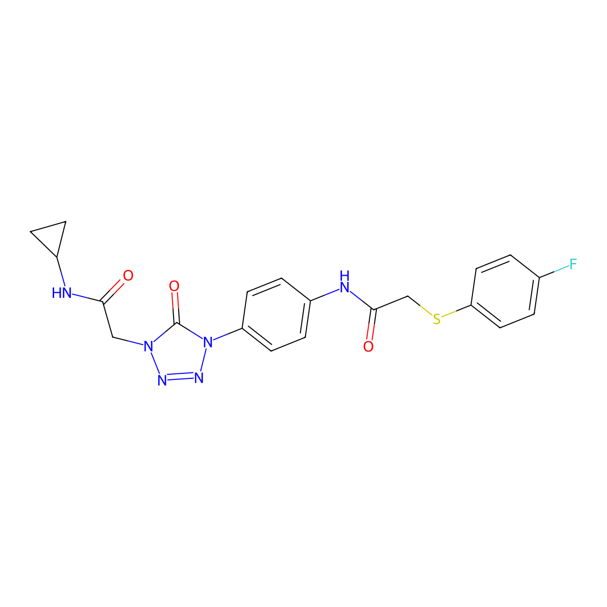 N-cyclopropyl-2-(4-(4-(2-((4-fluorophenyl)thio)acetamido)phenyl)-5-oxo-4,5-dihydro-1H-tetrazol-1-yl)acetamide molecular structure, CAS 1396882-34-0