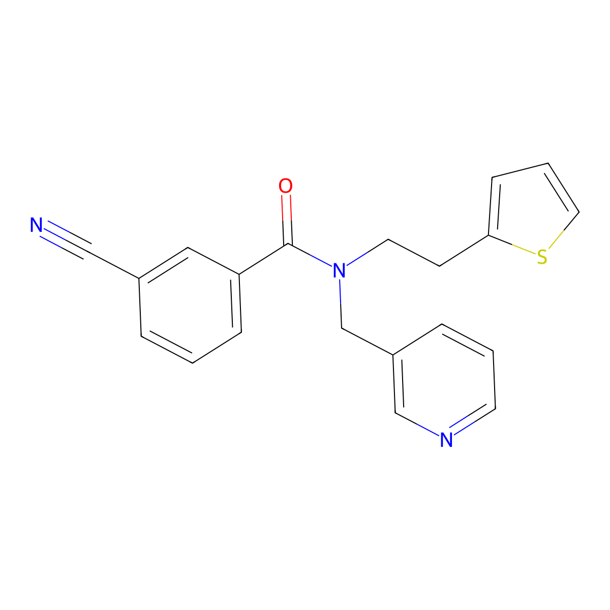 3-cyano-N-(pyridin-3-ylmethyl)-N-(2-(thiophen-2-yl)ethyl)benzamide molecular structure, CAS 1396882-36-2