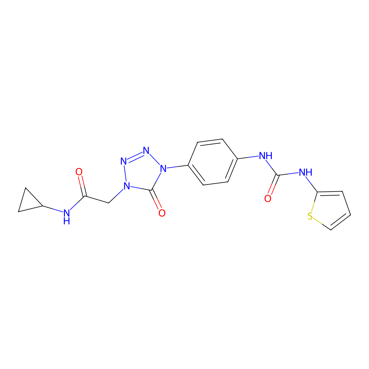 N-cyclopropyl-2-(5-oxo-4-(4-(3-(thiophen-2-yl)ureido)phenyl)-4,5-dihydro-1H-tetrazol-1-yl)acetamide molecular structure, CAS 1396882-43-1