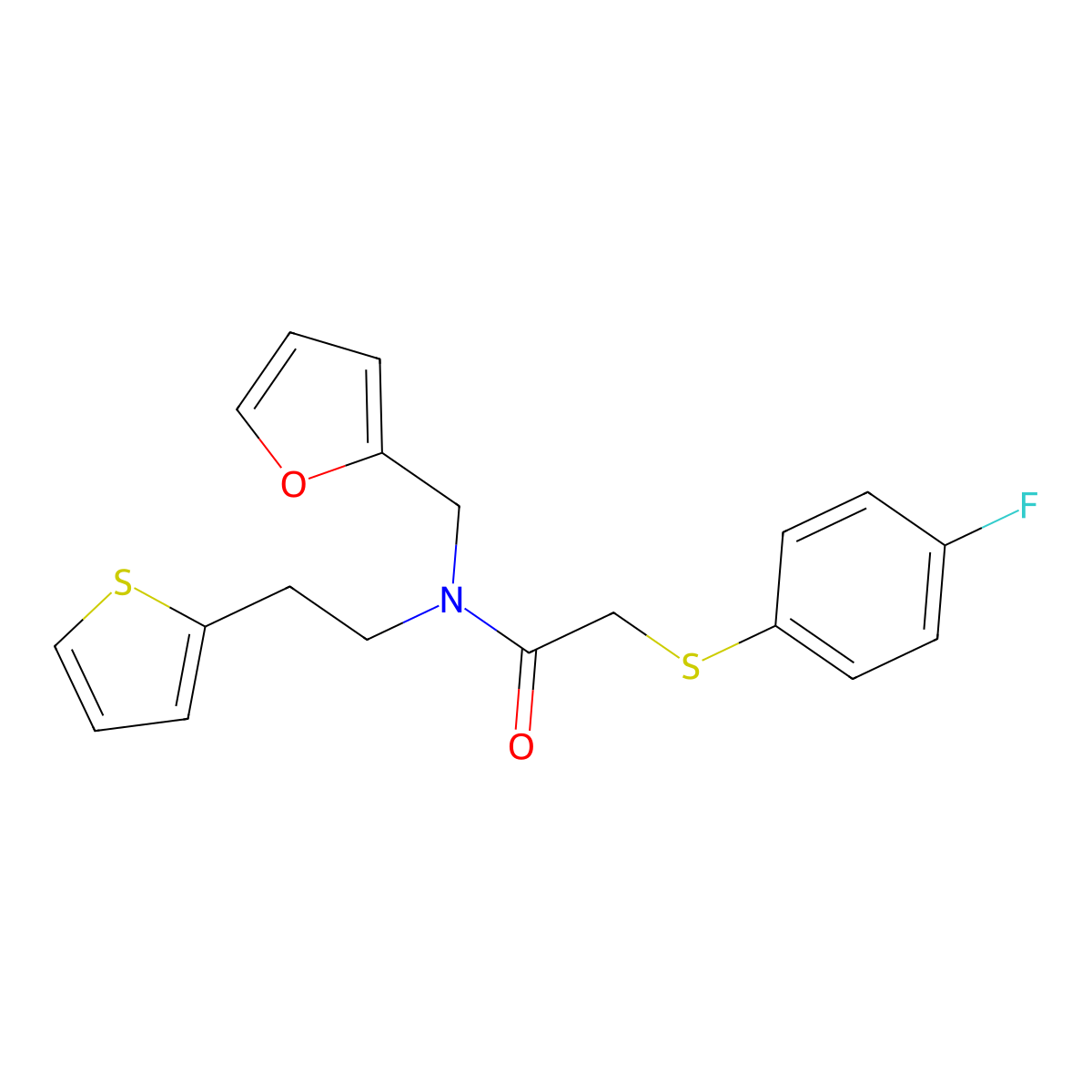 2-((4-fluorophenyl)thio)-N-(furan-2-ylmethyl)-N-(2-(thiophen-2-yl)ethyl)acetamide molecular structure, CAS 1396882-47-5