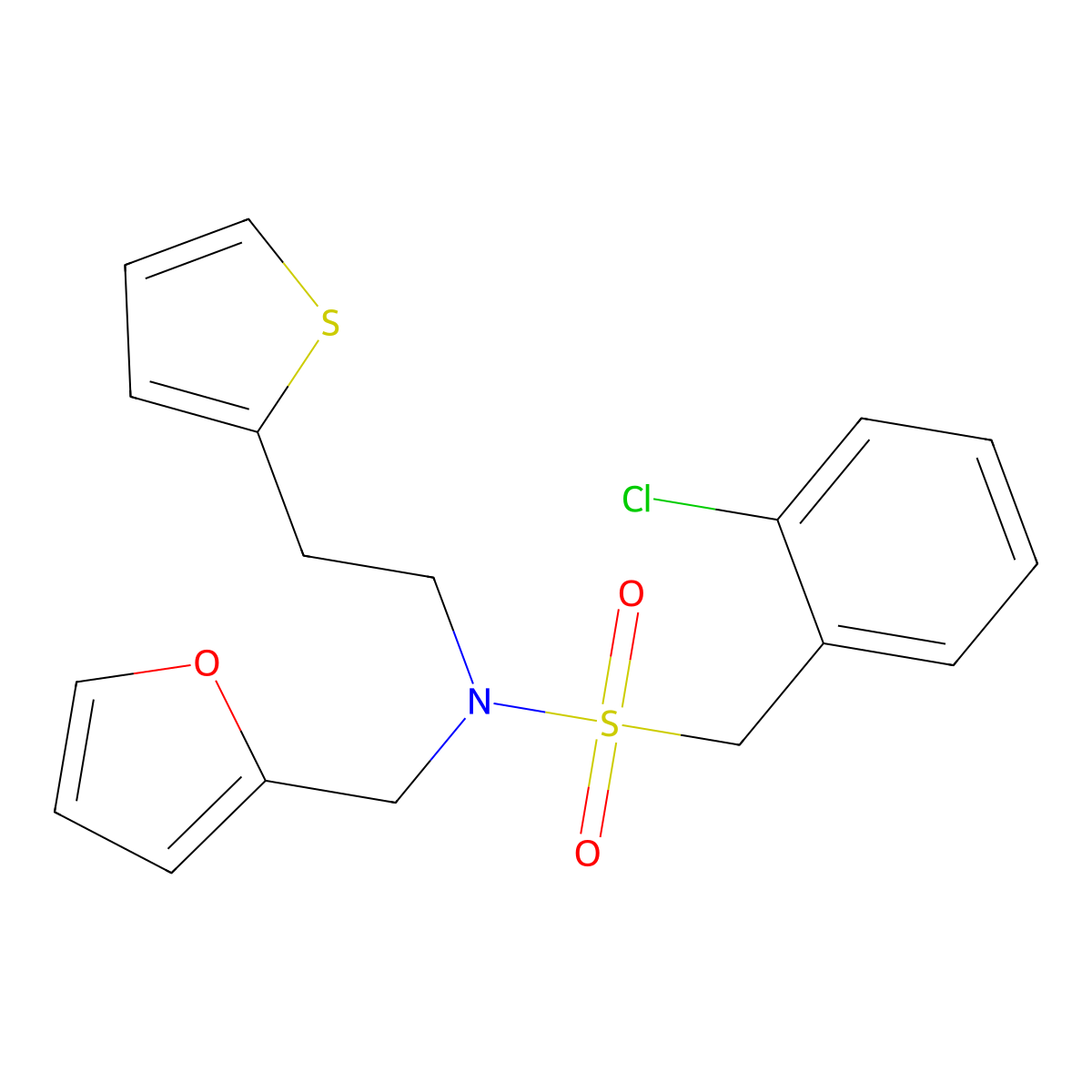 1-(2-chlorophenyl)-N-(furan-2-ylmethyl)-N-(2-(thiophen-2-yl)ethyl)methanesulfonamide molecular structure, CAS 1396882-77-1