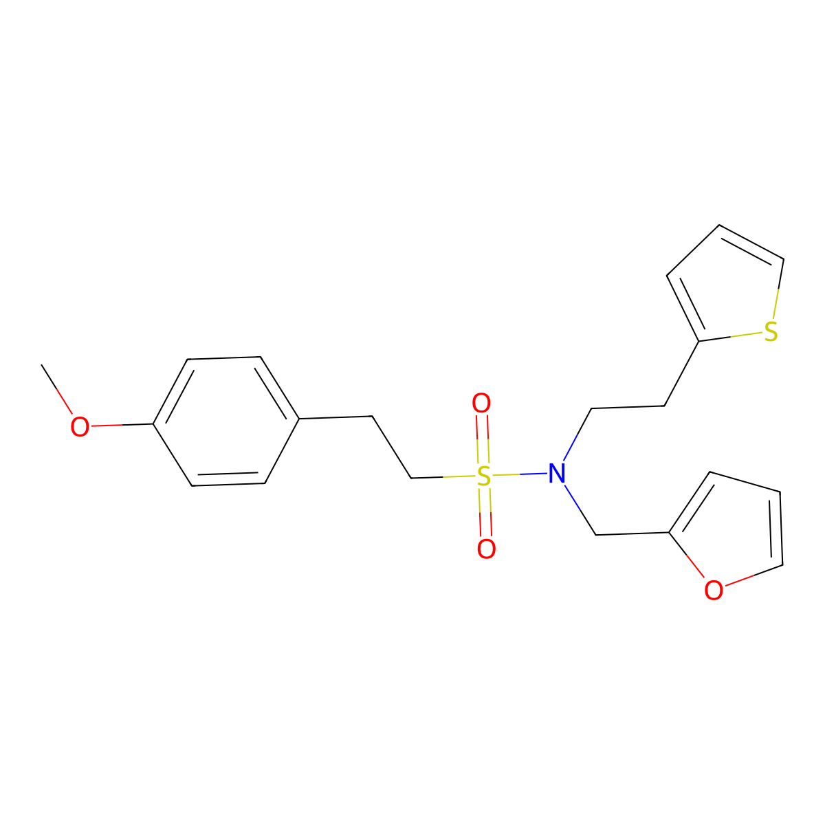 N-(furan-2-ylmethyl)-2-(4-methoxyphenyl)-N-(2-(thiophen-2-yl)ethyl)ethanesulfonamide molecular structure, CAS 1396882-86-2