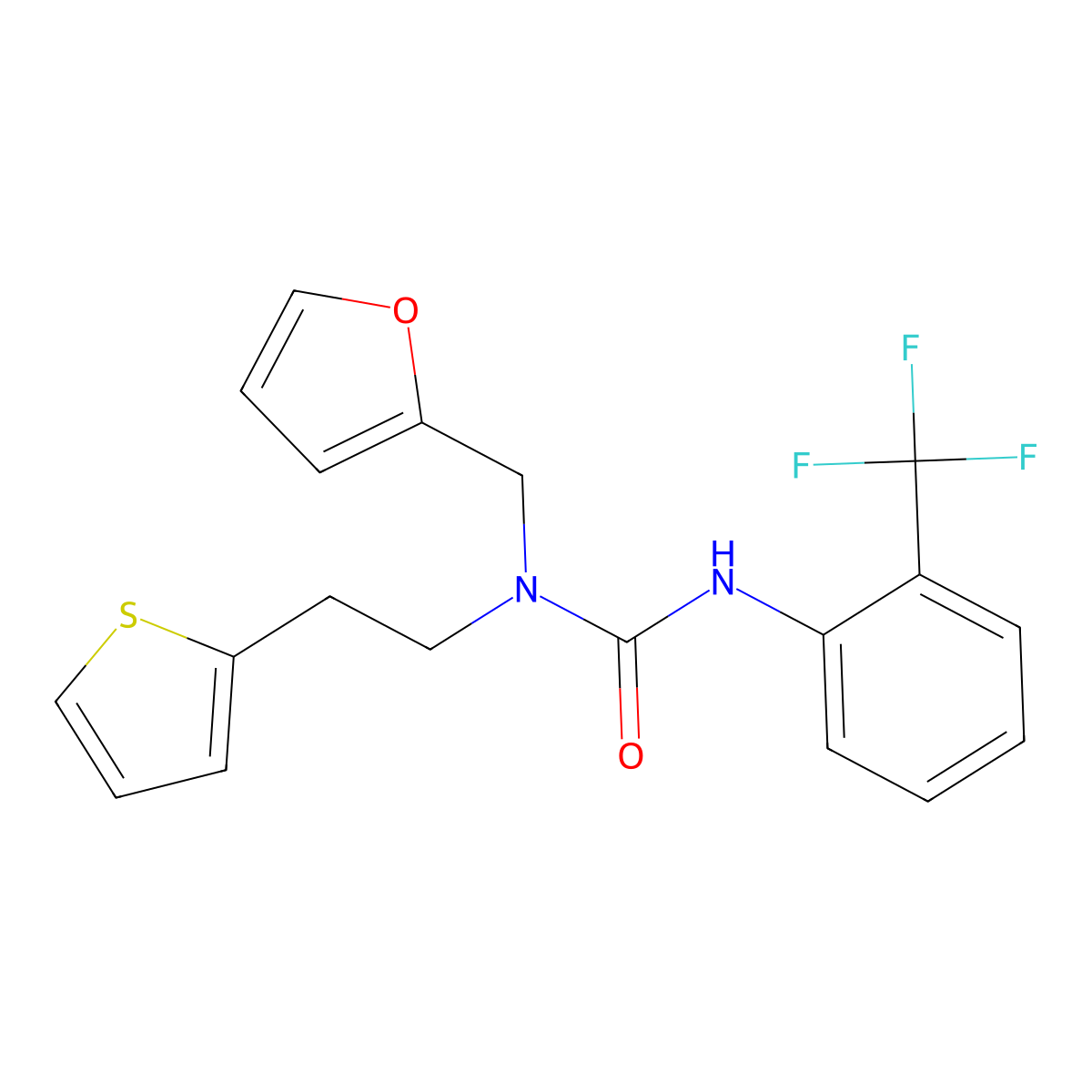 1-(Furan-2-ylmethyl)-1-(2-(thiophen-2-yl)ethyl)-3-(2-(trifluoromethyl)phenyl)urea molecular structure, CAS 1396882-90-8