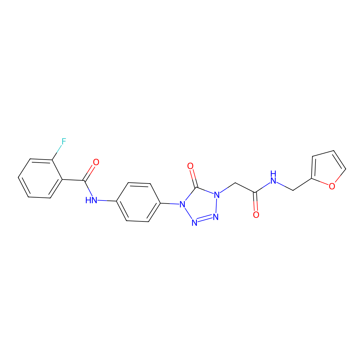 2-fluoro-N-(4-(4-(2-((furan-2-ylmethyl)amino)-2-oxoethyl)-5-oxo-4,5-dihydro-1H-tetrazol-1-yl)phenyl)benzamide molecular structure, CAS 1396882-92-0