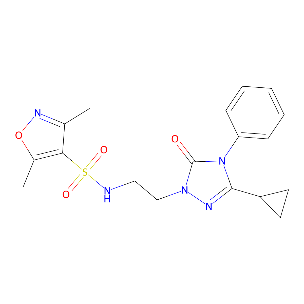 N-(2-(3-cyclopropyl-5-oxo-4-phenyl-4,5-dihydro-1H-1,2,4-triazol-1-yl)ethyl)-3,5-dimethylisoxazole-4-sulfonamide molecular structure, CAS 1396882-93-1