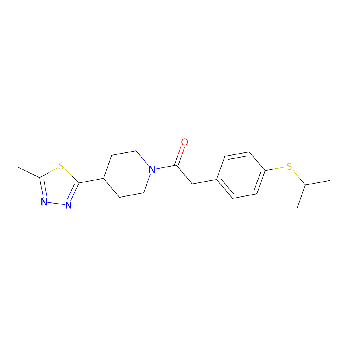 2-(4-(Isopropylthio)phenyl)-1-(4-(5-methyl-1,3,4-thiadiazol-2-yl)piperidin-1-yl)ethanone molecular structure, CAS 1396883-17-2