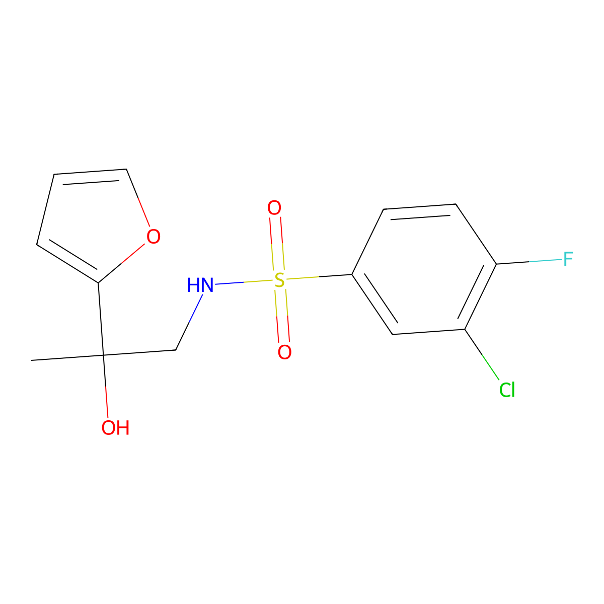 3-chloro-4-fluoro-N-(2-(furan-2-yl)-2-hydroxypropyl)benzenesulfonamide molecular structure, CAS 1396883-23-0