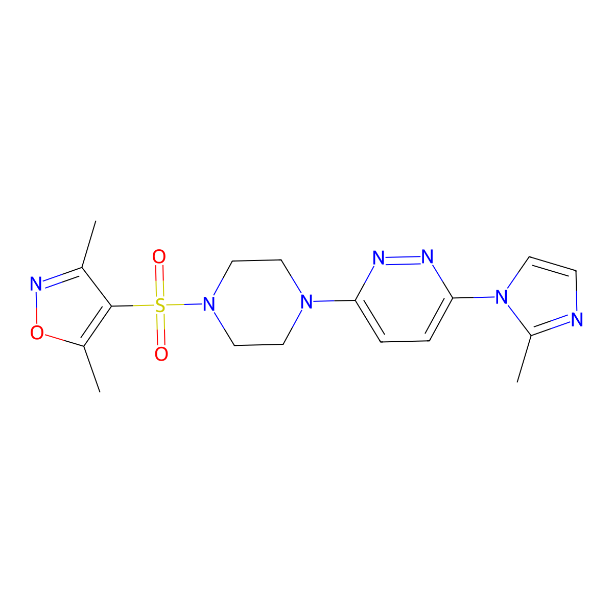 3-{4-[(3,5-dimethyl-1,2-oxazol-4-yl)sulfonyl]piperazin-1-yl}-6-(2-methyl-1H-imidazol-1-yl)pyridazine molecular structure, CAS 1396883-26-3