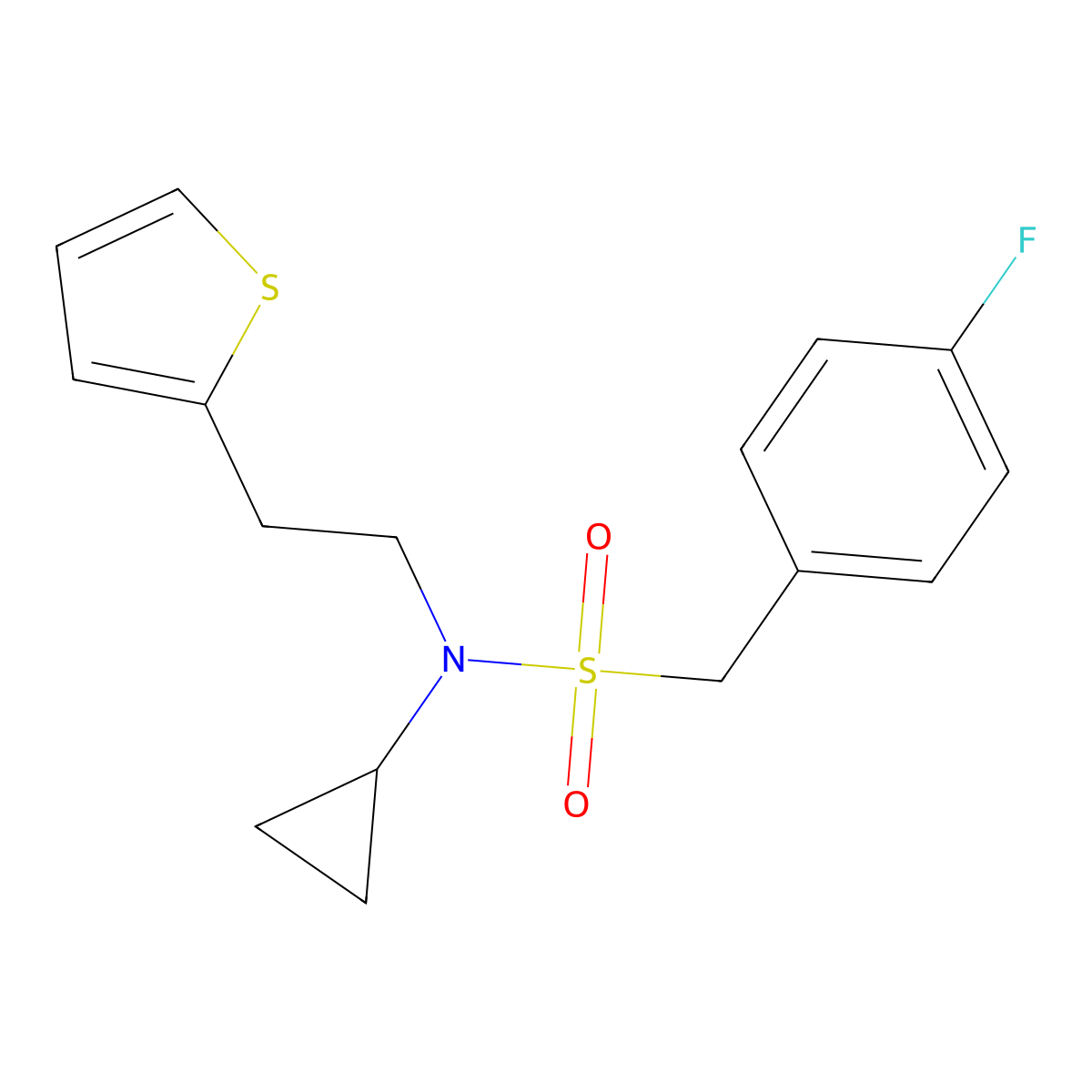 N-cyclopropyl-1-(4-fluorophenyl)-N-(2-(thiophen-2-yl)ethyl)methanesulfonamide molecular structure, CAS 1396883-54-7