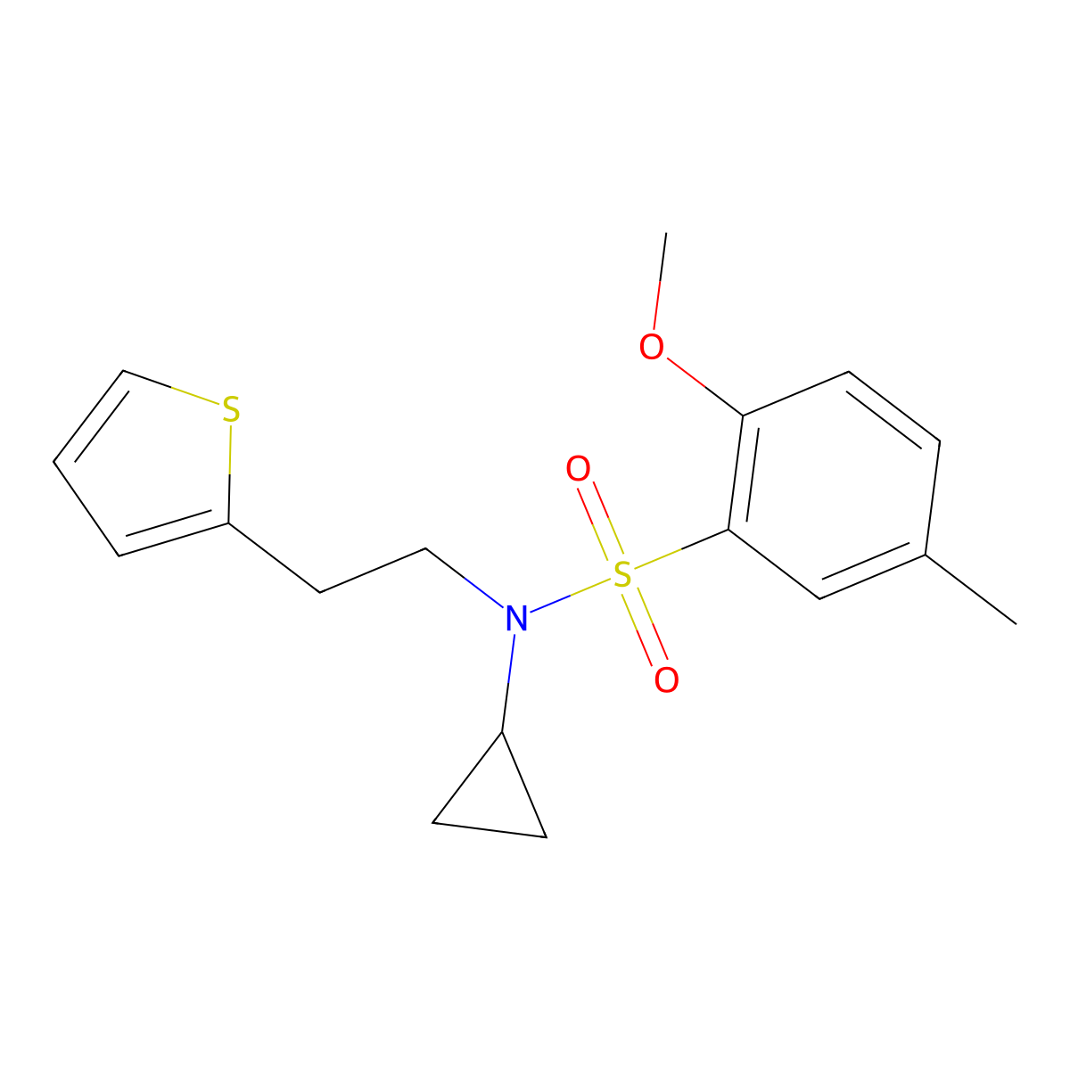 N-cyclopropyl-2-methoxy-5-methyl-N-(2-(thiophen-2-yl)ethyl)benzenesulfonamide molecular structure, CAS 1396883-59-2