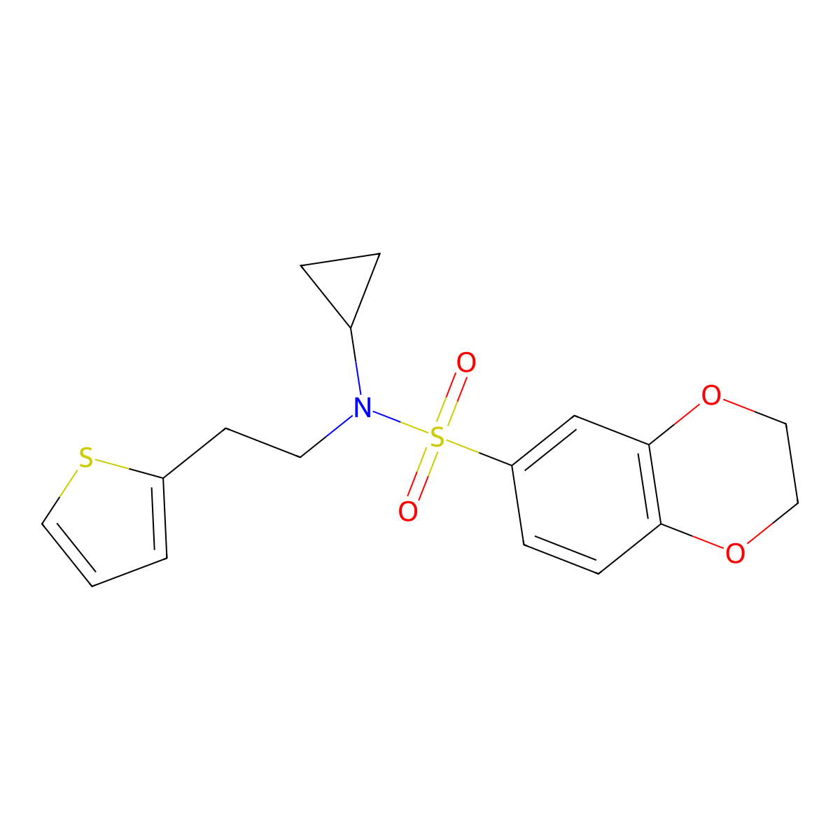 N-cyclopropyl-N-(2-(thiophen-2-yl)ethyl)-2,3-dihydrobenzo[b][1,4]dioxine-6-sulfonamide molecular structure, CAS 1396883-63-8