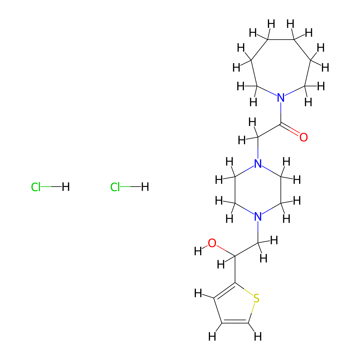 1-(Azepan-1-yl)-2-(4-(2-hydroxy-2-(thiophen-2-yl)ethyl)piperazin-1-yl)ethanone dihydrochloride molecular structure, CAS 1396883-84-3