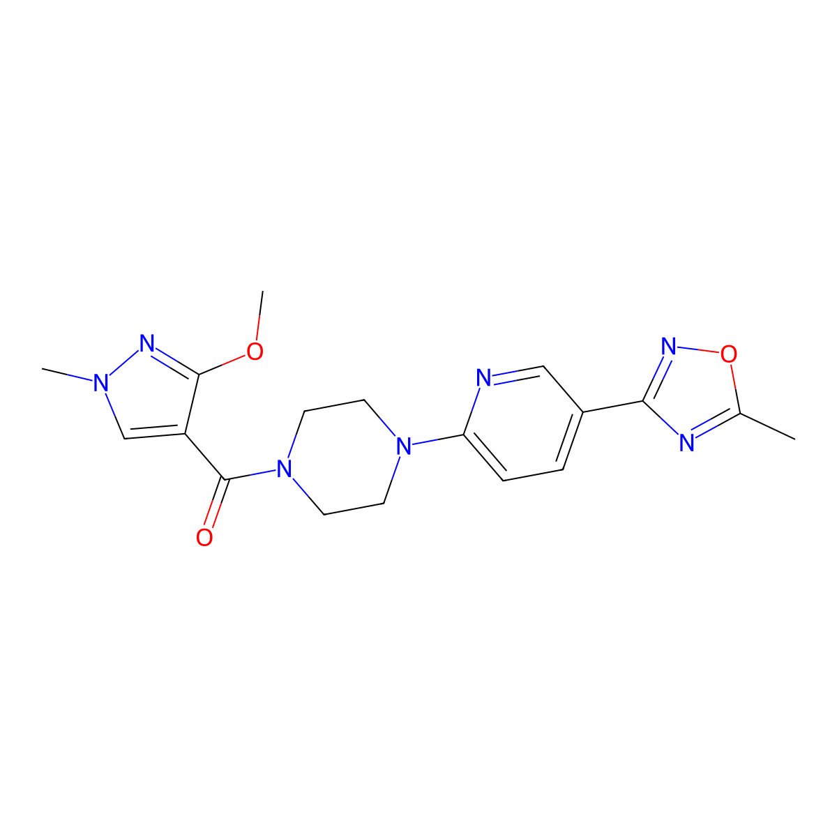 (3-methoxy-1-methyl-1H-pyrazol-4-yl)(4-(5-(5-methyl-1,2,4-oxadiazol-3-yl)pyridin-2-yl)piperazin-1-yl)methanone molecular structure, CAS 1396883-92-3