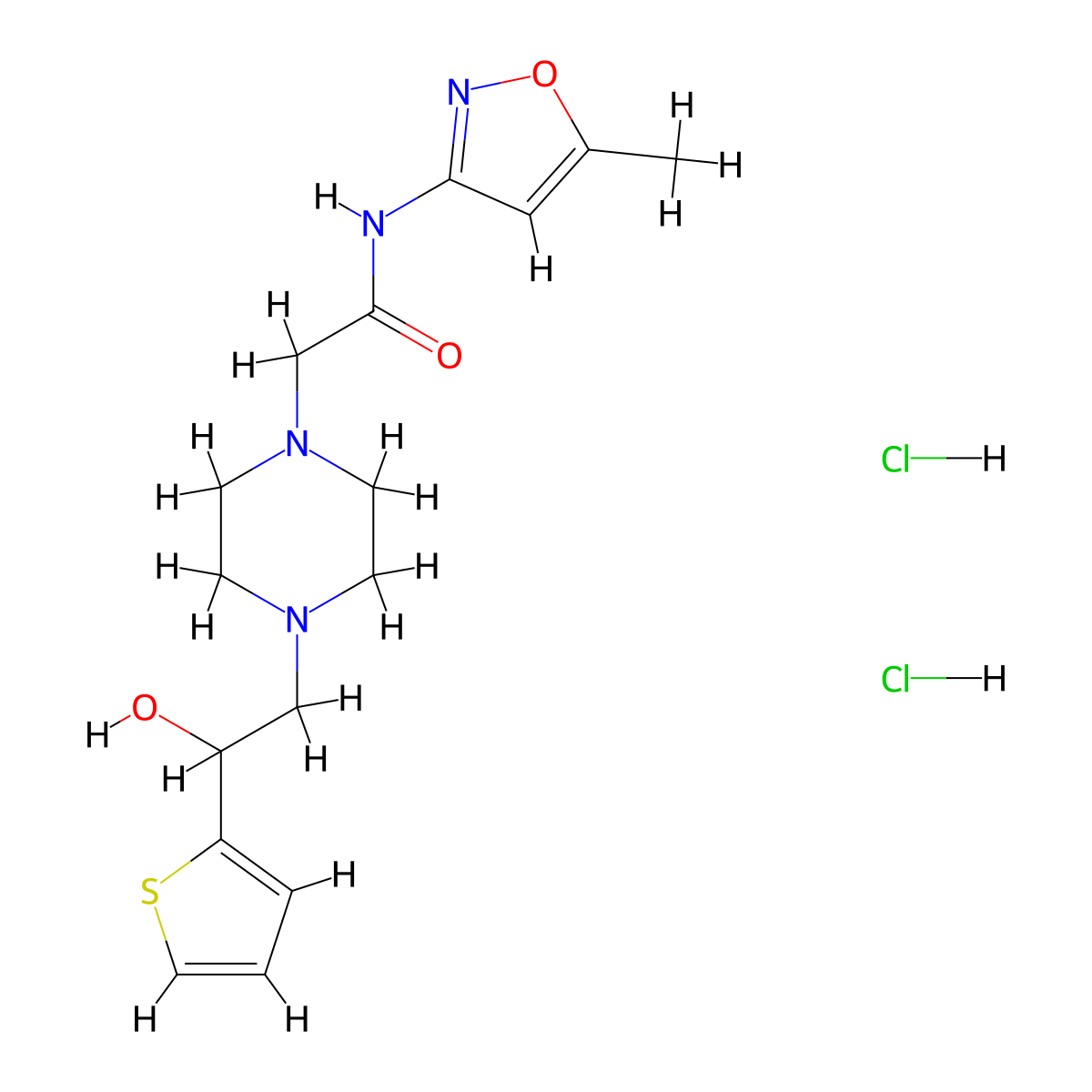 2-(4-(2-hydroxy-2-(thiophen-2-yl)ethyl)piperazin-1-yl)-N-(5-methylisoxazol-3-yl)acetamide dihydrochloride molecular structure, CAS 1396883-96-7