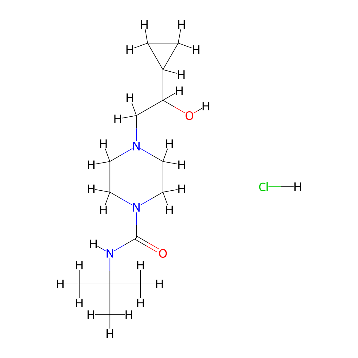 N-(tert-butyl)-4-(2-cyclopropyl-2-hydroxyethyl)piperazine-1-carboxamide hydrochloride molecular structure, CAS 1396884-03-9
