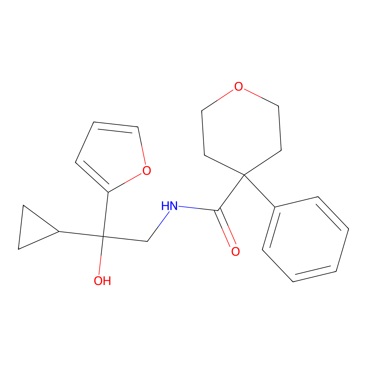 N-(2-cyclopropyl-2-(furan-2-yl)-2-hydroxyethyl)-4-phenyltetrahydro-2H-pyran-4-carboxamide molecular structure, CAS 1396884-10-8