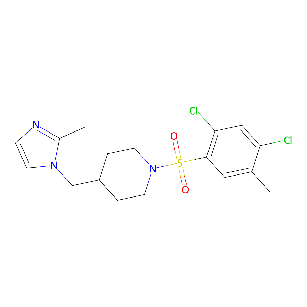 1-((2,4-dichloro-5-methylphenyl)sulfonyl)-4-((2-methyl-1H-imidazol-1-yl)methyl)piperidine molecular structure, CAS 1396884-19-7