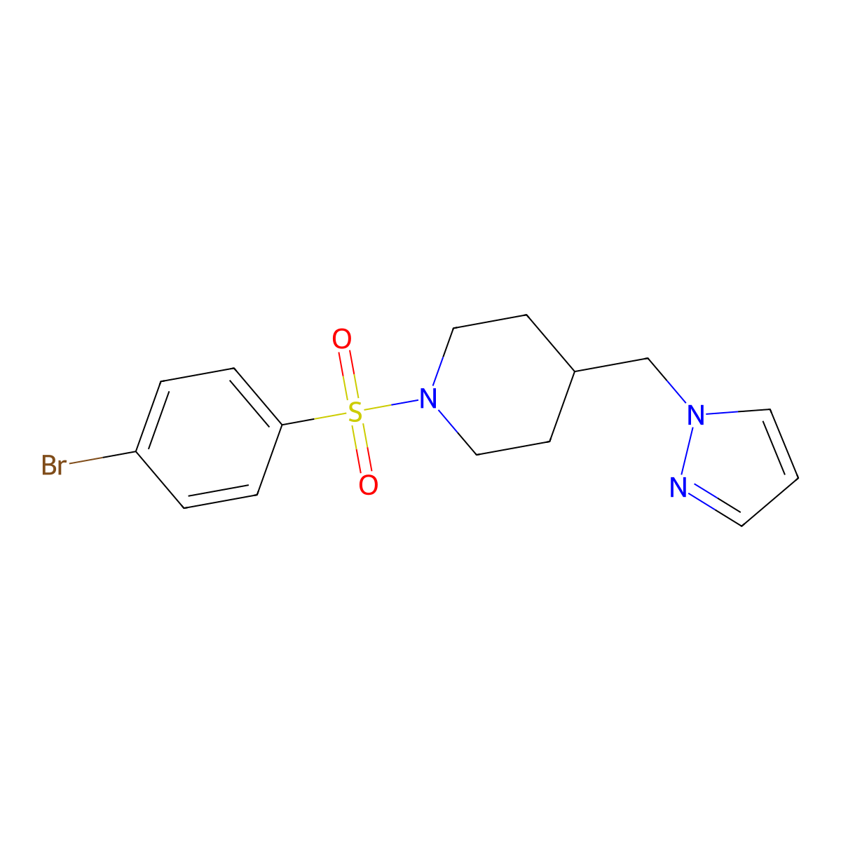 4-((1H-pyrazol-1-yl)methyl)-1-((4-bromophenyl)sulfonyl)piperidine molecular structure, CAS 1396884-27-7
