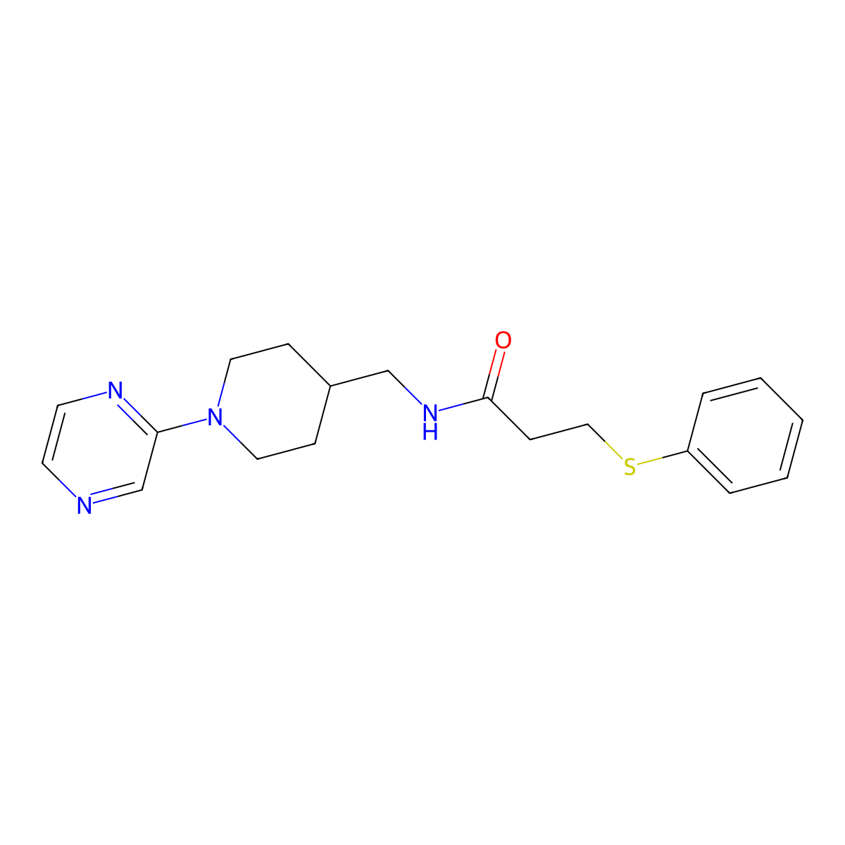 3-(phenylthio)-N-((1-(pyrazin-2-yl)piperidin-4-yl)methyl)propanamide molecular structure, CAS 1396884-55-1